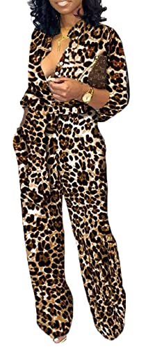 Sxclub SC9392 Elegant Jumpsuits For Women Dressy Long Sleeve Long Straight Pants Leopard Button Down Party Club Jumpsuit thumb #1