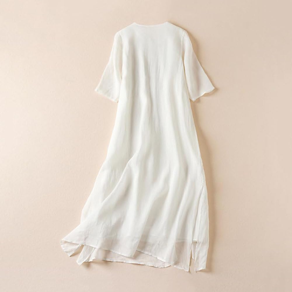 Robe Longue en Coton et Lin brodée de Fleurs pour Femme, Robe bohème en Coton et Lin, Robe d'été Classique à Manches mi-Longues et col Rond