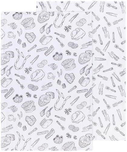 Image of Now Designs On the Grill Black Floursack Dishtowels Set of 2, 100% Cotton, W20 x L30in, Extra Soft Kitchen Linens