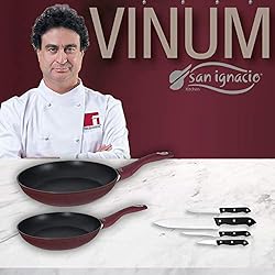 Sartenes San Ignacio Ceramica San Ignacio VINUM Set de Sartenes VINUM-Ø20/24 cms, Mango ergonómico Soft Touch Especial Gas y vitro Y Juego 4 Cuchillos de Cocina, Aluminio Forjado, Plateado