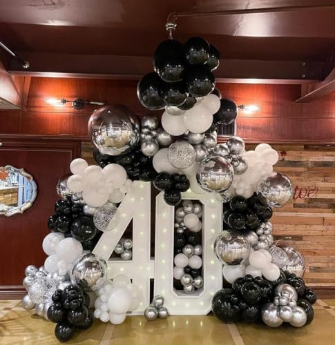 Image of 153Pcs Black and Silver White Balloon Garland Arch Kit with Stars, 22 18 12 10 5 inch Disco Ball Balloons Black White Metallic Silver Confetti Balloon for Birthday Graduation Party Decorations