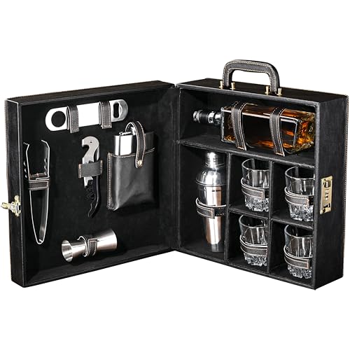 Kuber Industries Bar Set | Faux Leather Portable Bartender Kit | Cocktail Shaker Set | 4 Imported Glasses | Bar Tool Set | Barset for Picnic | Gifting for Men | Barware Set for Party | Black