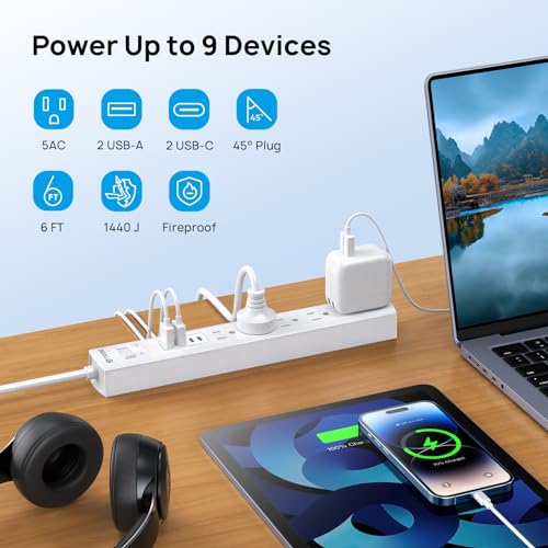 TROND Surge Protector Power Bar with 2 USB C, 6ft Flat Plug Extension Cord Indoor, 5 Outlet Extenders, 1440J Desktop Expander, Wall Mount, Dorm Room Home Travel Essentials Office S image 3