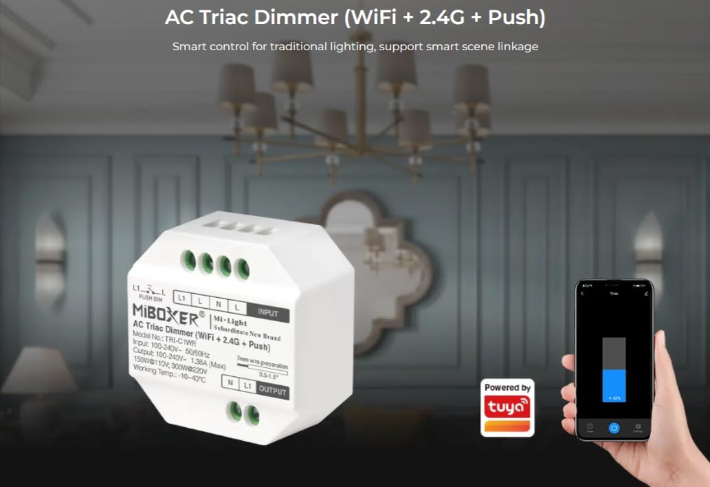 Miboxer TRI-C1WR AC Triac Dimmer WiFi+2.4G+Push, WiFi Triac Dimmer