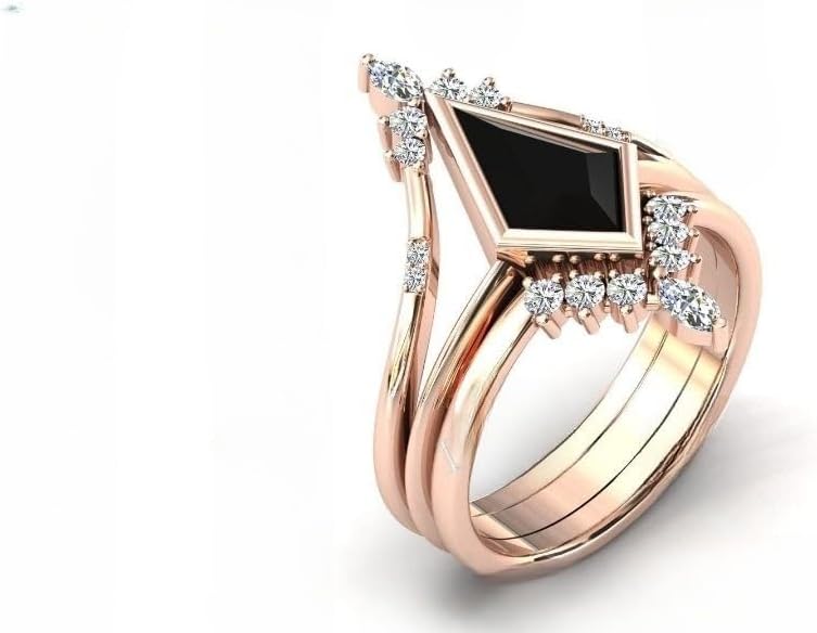 Antique Kite Shaped Natural Gemstone Engagement Ring Set Vintage Gemstons Wedding Ring Set Art Deco 3 piece Bridal Ring Set Anniversary Ring Set