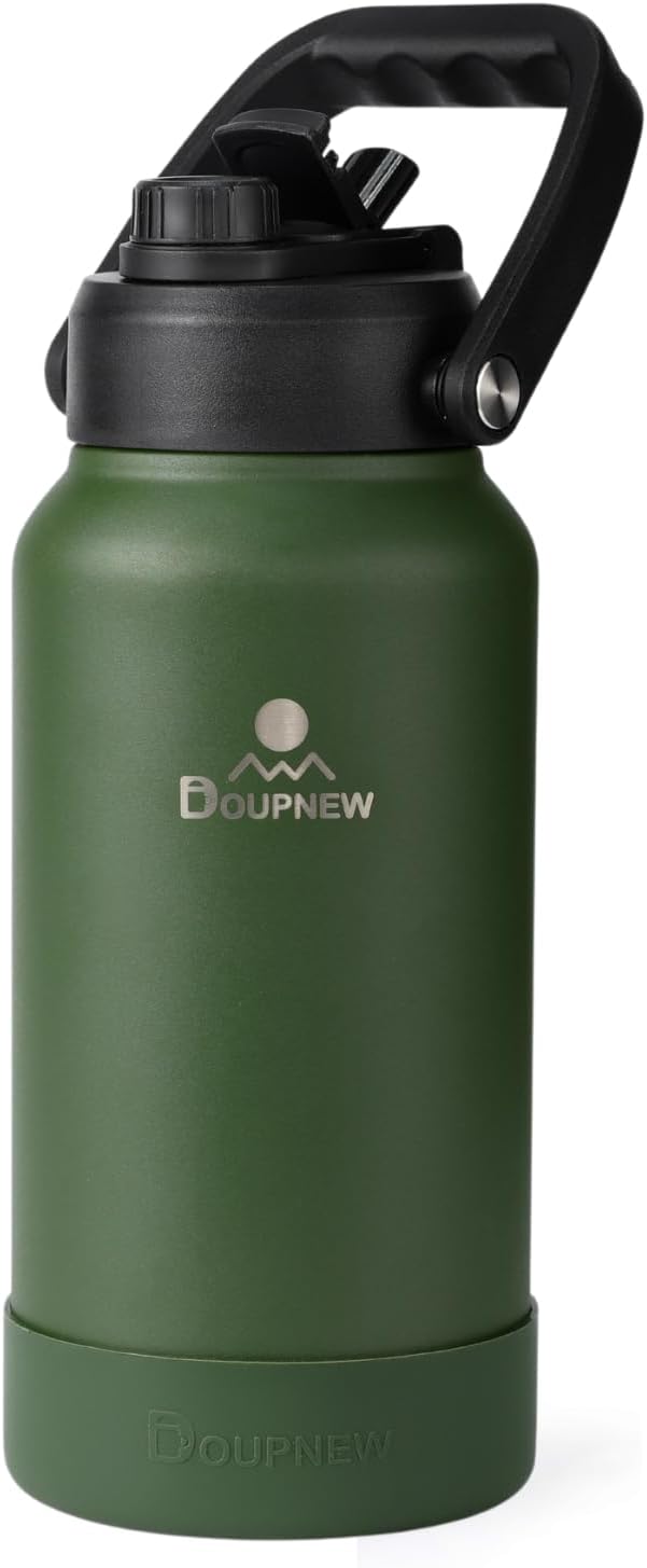 64oz Water Bottle,Half Gallon Stainless Steel Insulated Bottle with Leak Proof Dual-Mode Lid,Straw & Chug Drinking,Large Handle,Keeps Cold 24H Hot 12H for Gym,Outdoor & Use(Forest Green)