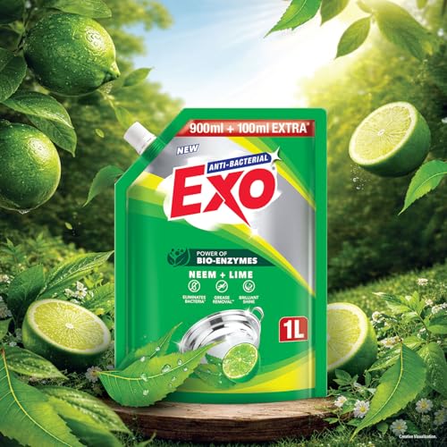 Image of Exo Dishwash Liquid Refill Pack | Neem & Lime | Tough Grease Removal for Utensils | Anti-Bacterial Dishwashing Liquid | Bio-Enzyme Liquid Dishwash | No Residue Cleaning - 1L