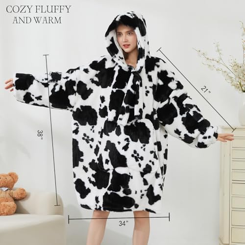 Image of Softan Blanket Hoodie, Oversized Fleece Wearable Blankets for Women and Men Gifts, Cozy Warm and Soft Sweatshirt Blanket with Large Pocket, Cow Print