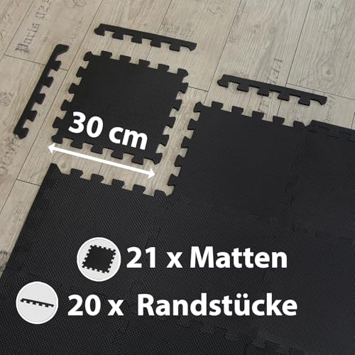 ALPIDEX 1,95 m² Bodenschutzmatte 21 Stück 30x30x1 cm Schutzmatten Set Sportmatte Gymnastikmatte Sportgeräte Matte Fitnessmatte Turnmatte Unterlegmatte Bodenmatte Trainingsmatte Gummimatte, Black