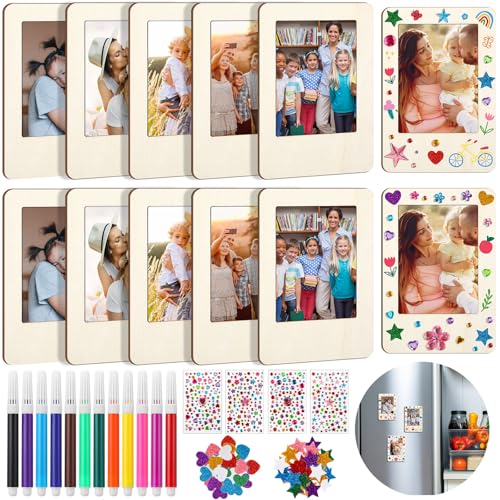 Yalikop 12 Pack Mini Wooden Picture Frames for Crafts Unfinished Magnetic Photo Curved Frame Kit with 12 Watercolor Pencils Stickers DIY Fridge Decor for Mother's Day Birthday Wedding Gifts