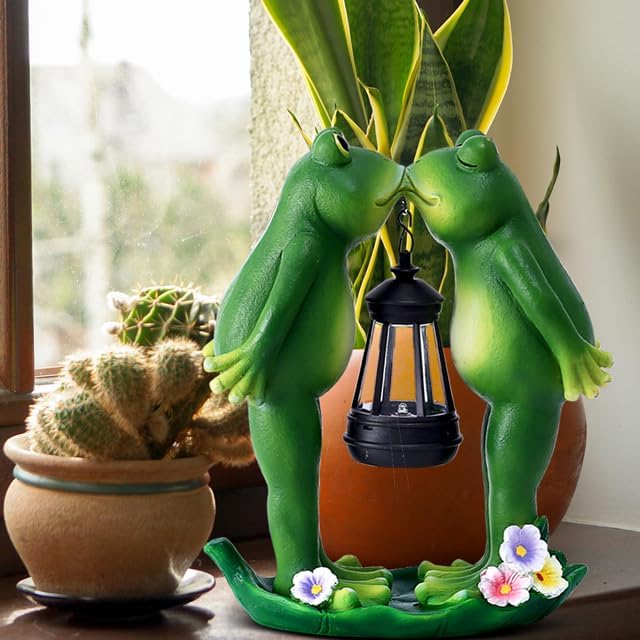 Miniatura 8 de Vereemy Estatua de ranas de beso para decoración de jardín, farol solar LED para decoración de exteriores, figuras para porche, patio, césped,