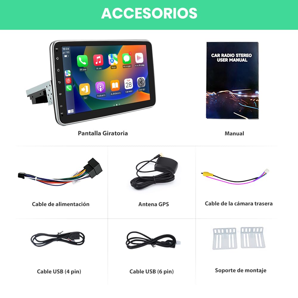 Android 13 2GB+32GB 1 DIN Radio Coche Universal con Pantalla Táctil y Giratoria de 10 Pulgadas, con CarPlay/AndroidAuto/Mirror Link, WiFi/GPS/Bluetooth/RDS/USB/FM/Mandos del Volante