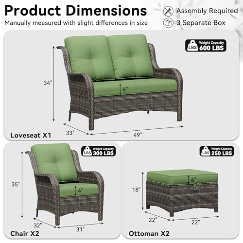 Image of 5 Piece Outdoor Wicker Patio Furniture Set, Patio Chairs Set with Thickened Olefin Cushions, High Back and Deep Seating, Hand-Woven PE Rattan, Ottoman for Porch, Deck