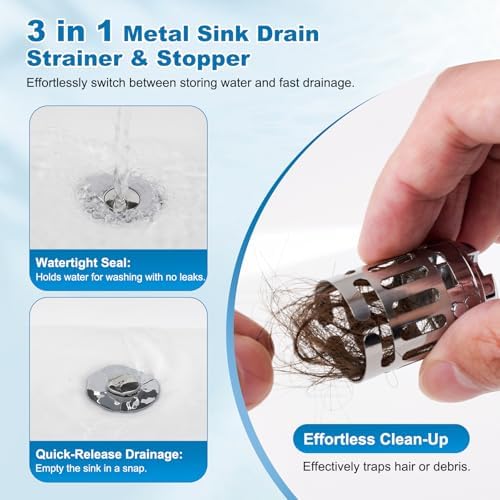 Hibbent Universal Bathroom Sink Drain Strainer, Upgraded 3 in 1 Pop Up Stopper with Removable Stainless Steel Filter Basket, Brass Bullet Core, Hair Catcher Sink Plug for 1.1''~2.36'' Hole, Chrome - 4