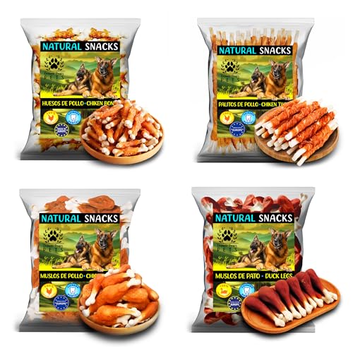 Snack Naturali per Cani – Confezione 400 g Mista (Pollo e Anatra) | Ossicini, Bastoncini e Cosce | Premi Sani, Igiene Dentale