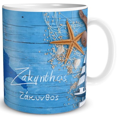 TRIOSK Tasse Zakynthos Griechenland Insel Souvenir Geschenk Mediterran für Reiselustige Weltenbummler Frauen Männer Büro Kollegen, Keramik 300ml