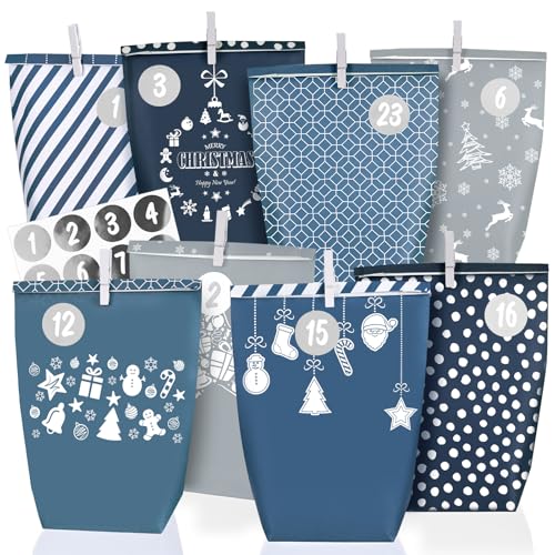 Adventskalender zum Befüllen 2025-24 blau-grauen Papiertüten groß (22x16x6cm) zum Selber füllen - Weihnachtskalender tüten für Kinder Junge und Männer, Wiederverwendbar