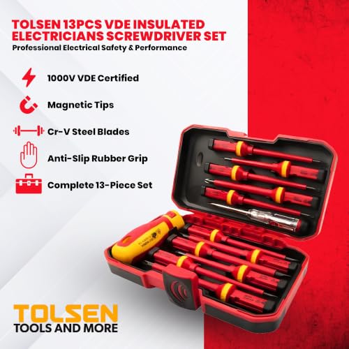 Tolsen 13pcs VDE Insulated Electricians Screwdriver Set with Rubber Handle in Hard Case | Interchangeable | Magnetic Tips | 1000V | Ideal for Electrical, Home and DIY Projects - Image 2