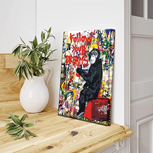Banksy Street Graffiti Monkey Inspirational Quotes Animal Canvas Art For Office Living Room Office Wall Decor Home Decoration Framed Ready To Hang,Bedroom Decor For Men Cave (Graffiti Monkey, 24Inchx16Inch) #TOP7