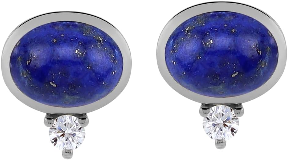 Silvershake 8X6mm Oval Shape Cabochon Gemstones White Gold Plated or Yellow Gold Plated 925 Sterling Silver Business Attire Bezel Set Stud Earrings Jewelry for Women