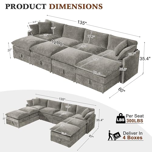 Image of Ihanherry 135 inch Oversized Sectional Sofa Bed with Storage, 8-Seater Modular Cloud Couch with Movable Ottomans, Chenille Deep Seat Sleeper Couches for Living Room (Grey)