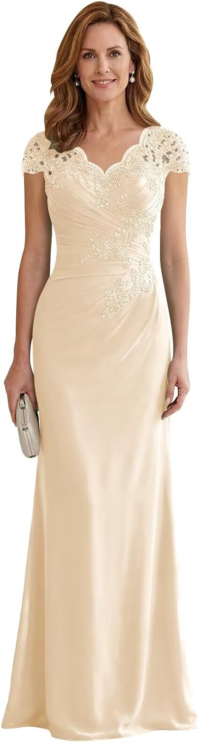 Qbnme Long Lace Mother of The Bride Dresses for Women Elegant Chiffon V Neck Formal Wedding Guest Dress with Sleeves