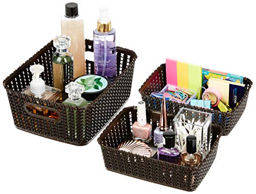 Image of Amazon Brand - Solimo Plastic 3 Piece Storage Basket Set, Brown, Rectangular
