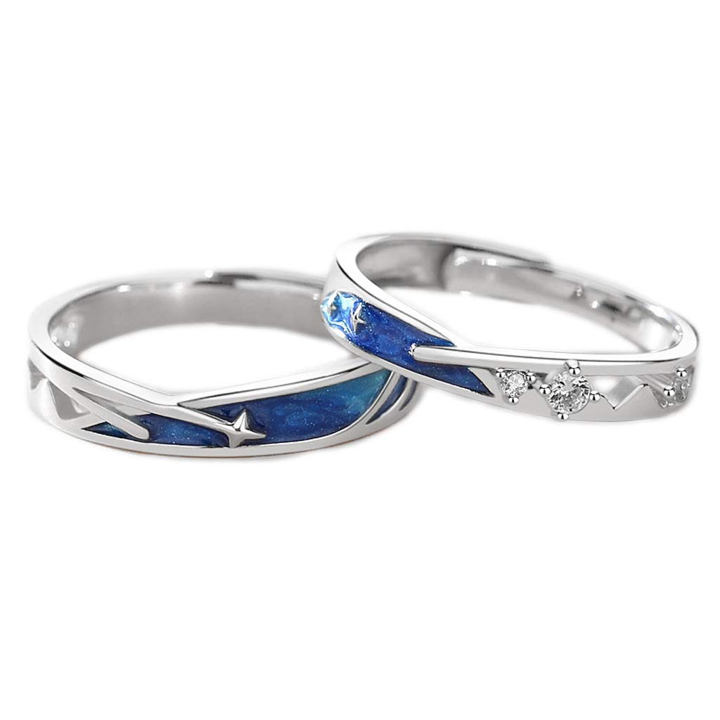 2Pcs Sea Blue Star Lover Couple Rings Band Matching Set for Him and Her