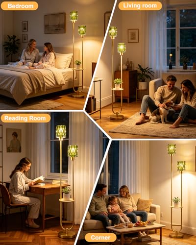 Image of Lightdot 2-Lights Modern Glass Floor Lamp with Shelf Gold Standing Tall Lamps with Green Glass Shade for Wedding /Party,LED Floor Lamp with Foot Switch for Living Room Bedroom Home Decor