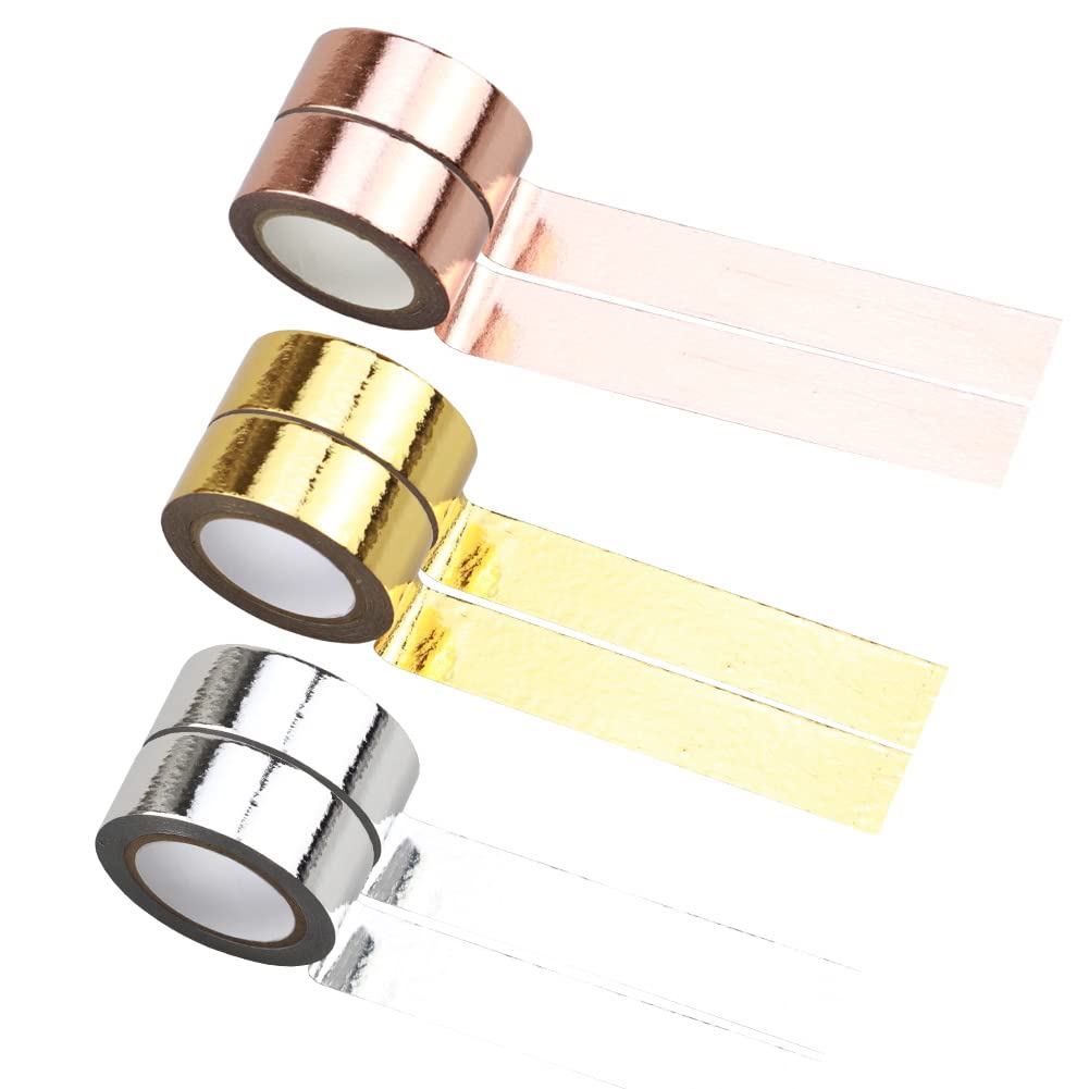 6 Rolls Gold Silver Rose Washi Masking Tape, Metallic Decorative Washi Tape Set for DIY Crafts Arts Scrapbooking Bullet Journal Planners Gift Wrapping(15mm Width)