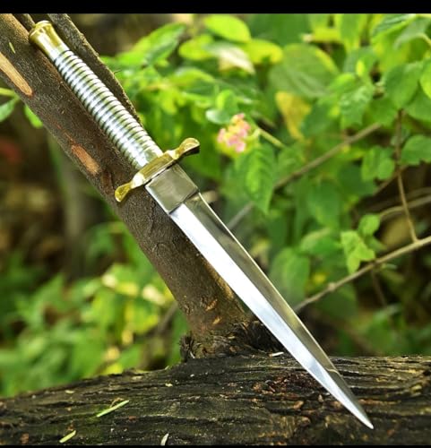 AJSANITY Sykes Fairbairn US British Army Double-Edged V-42 Military Best Dagger Knife WWII Collectible knives With Leather Sheath (Steel-Silver)