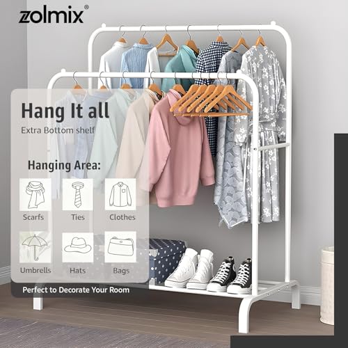 Image of ZOLMIX Heavy Duty Double Pole Clothes Stand With Bottom Shelf |clothes Hanging Stand For Bedroom, Garment Rack Organizer, Cloth Rack, Hanger Stand For Clothes Storage Rack, For Bedroom & Living Room