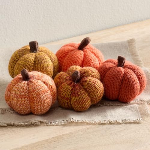 Image of Set of 5 Mini Knit Pumpkins, Sunset Orange Gold Rust (Sunset 2.5 Inch Set) | Cozy Knit, Table Top Bowl Filler, Kitchen Tiered Tray Decor, Hostess Gift