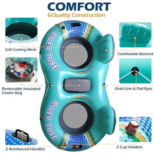 Image of Jasonwell Heavy Duty 2 Person Inflatable River /Pool Tube Float with Removable Cooler, Tubes for Lake, Floating River Raft Lounge Floatie with 2 cup Holders For Adults, Cyan