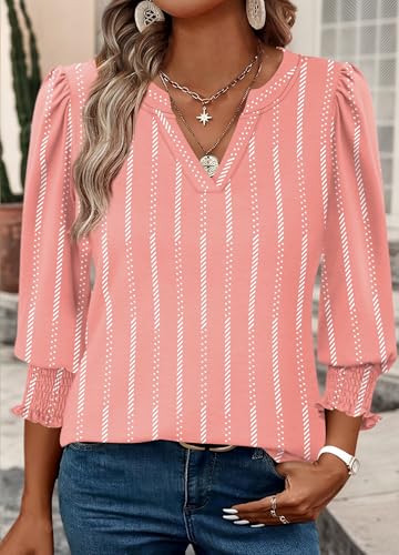 3/4 Length Sleeves Womens Tops Blouses for Women Dressy Casual Tops V Neck T Shirts with Smocked Cuffs2