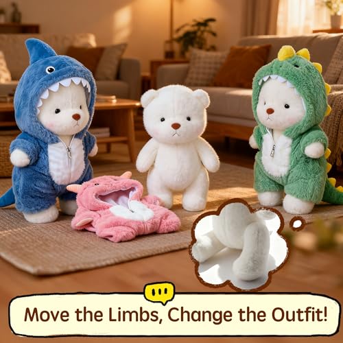 Image of Teddy Bear Stuffed Animals, Teddy Bear Plushies Soft Funny Stuffed Toys with Removable Blue Shark Clothes, 13'' Emotional Support Cute Plush Figure Toys with Movable Legs for Toodlers Kids Women