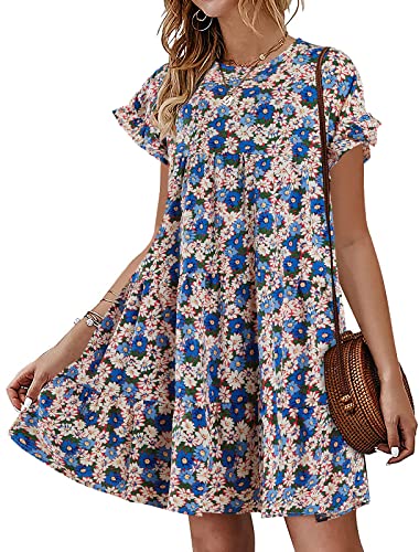 Image of Imysty Womens Boho Floral Ruffle Sleeve Babydoll Loose Flowy Casual Summer Pleated Mini Dress