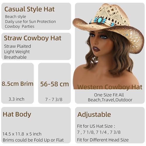 Image of Straw Cowboy Hat, Western Cowgirl Hat, Wide Brim Sun Beach Hat for Men and Women