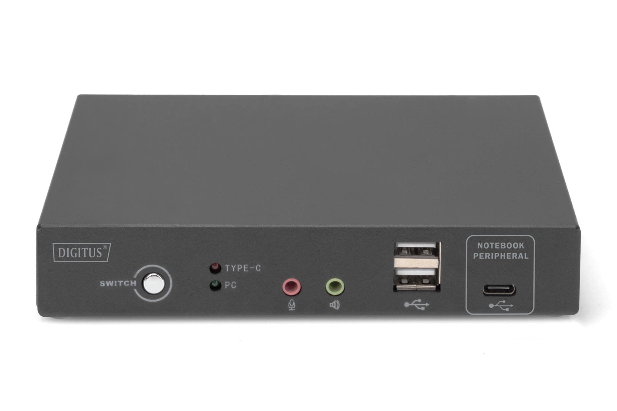 DIGITUS KVM Switch HDMI – USB-C do podłączenia notebooka – 2-portowy pojedynczy wyświetlacz – 2 komputery 1 monitor – 1 mysz, klawiatura i dźwięk dla 2 komputerów – port LAN RJ45 i USB-C – Czarny