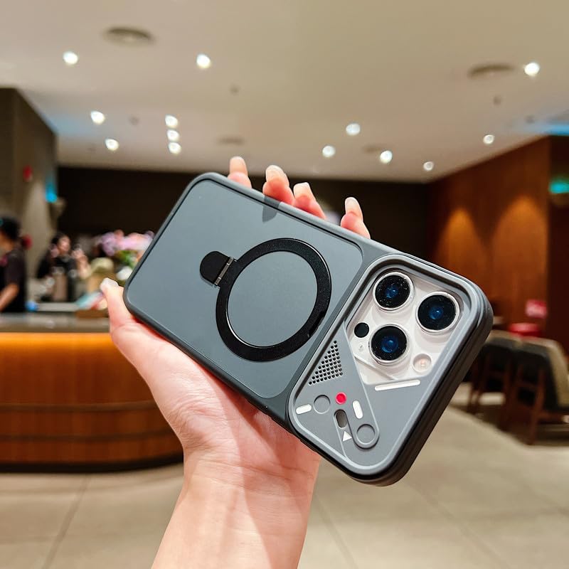 Image of LuxuryKase Magnetic Shockproof Case for iPhone 16 Pro | Foldable 110 Metal Ring Kickstand | Matte Finish | Futuristic Camera Shield Design | Slim Profile & MagSafe Compatible - Black