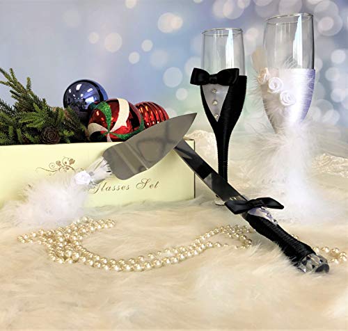 Abbie Home Wedding Reception Celebration Champagne Toasting Flute Set- Feather Dress Mini Suit Decorated Bride And Groom Champaign Flute, Set Of 2 (Black Glass Set) #TOP5