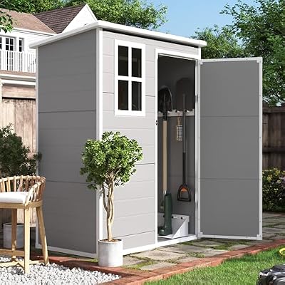 UDPATIO Outdoor Storage Shed 5x3 FT, Garden Resin Shed for Bike, Garbage Can, Tools, Outside Plastic Sheds with Floor for Backyard, Patio, Lawn, Grey & White