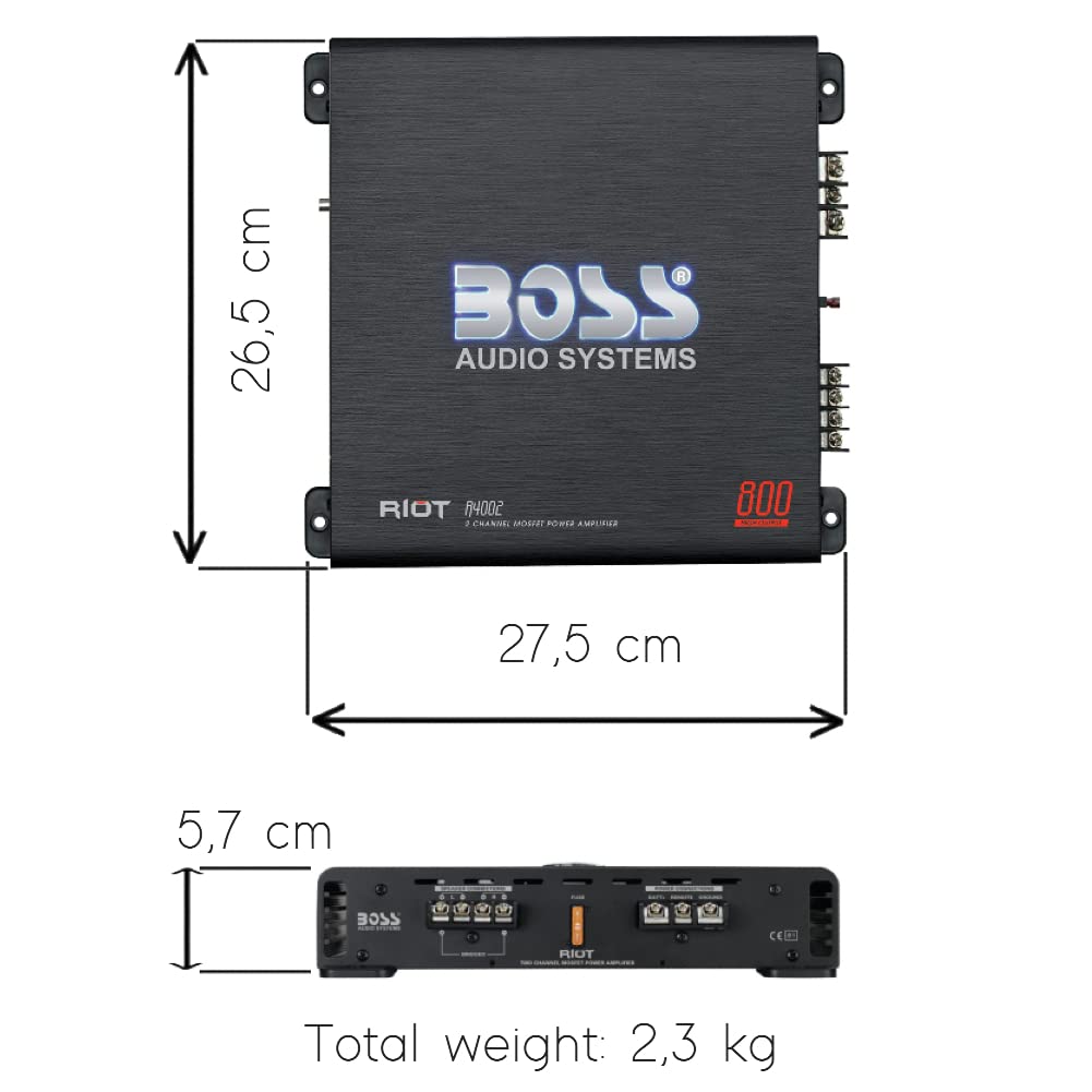 KIT SET POUR BOSS AUDIO SYSTEMS RIOT R4002 Amplificateur 2 canaux 800 watts max classe a/b avec éclairage LED Bass Boost, 1 pièce + remote incluse