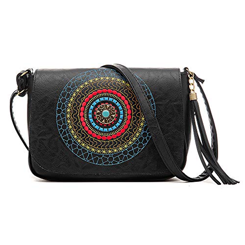 Kit De Bolsa transversal + Carteira Mandala Bordada Nova Delhi Alice Monteiro Cor:Preto