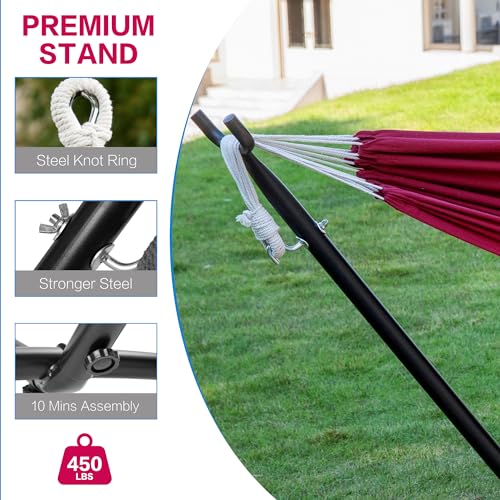 Image of PNAEUT Double Hammocks with Stand for Outside, Portable Space Saving Heavy-Duty Steel Stand for Indoor Outdoor Patio with Carrying Bag, 450 lbs Capacity (Cherry)