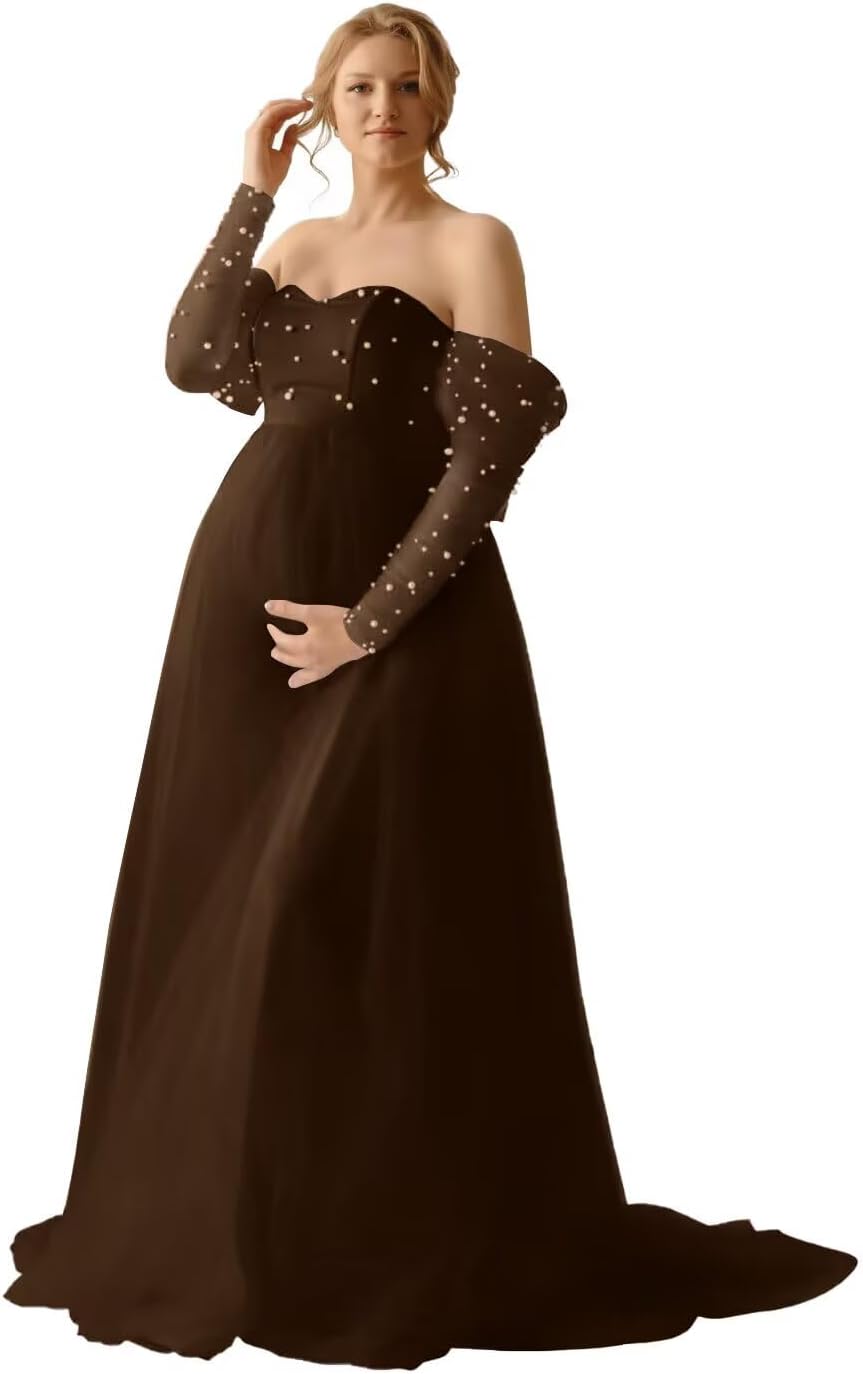 Changun Tulle Pearl Maternity Dress for Photoshoot Long Sleeve Off Shoulder Babyshower Wedding Bridal Robe Pregnancy Gown