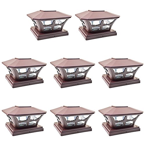 iGlow 8 Pack Brown Outdoor Garden 6 x 6 Solar SMD LED Post Deck Cap Square Fence Light Landscape Lamp PVC Vinyl Wood