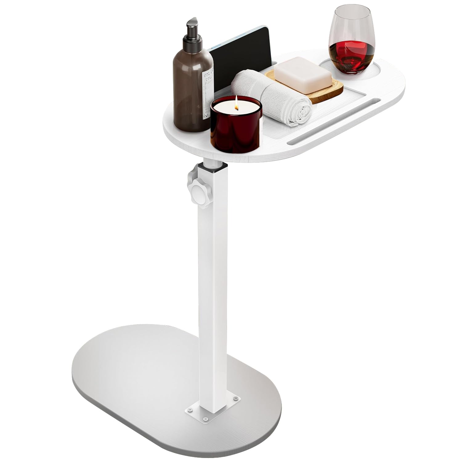 Bamboo Bathtub Tray Table, Height Adjustable Bath Caddy Tray for Tub Against Wall, Bathtub Side Table for Luxury Bath Home Spa, Tub Organizer & Holder for Wine, Book, Phone (White)