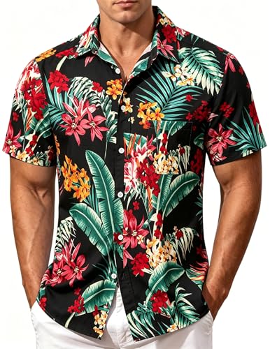 Image of Men's Hawaiian Shirt Tops Vintage Short Sleeve Button Down Beach Shirt Male Tropical Floral Summer Pullover Party Holiday