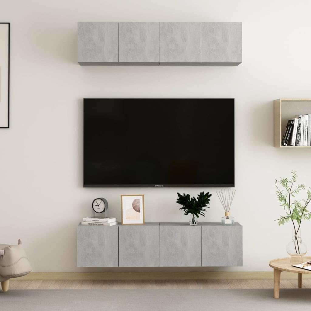 Mobili TV in Legno Multistrato Grigio Cemento 60x30x30 cm, Set 4 pezzi con Scomparti e Supporto Parete, Mobile Porta TV per Soggiorno con Mensole e Cassetti, Consolle Attrezzata